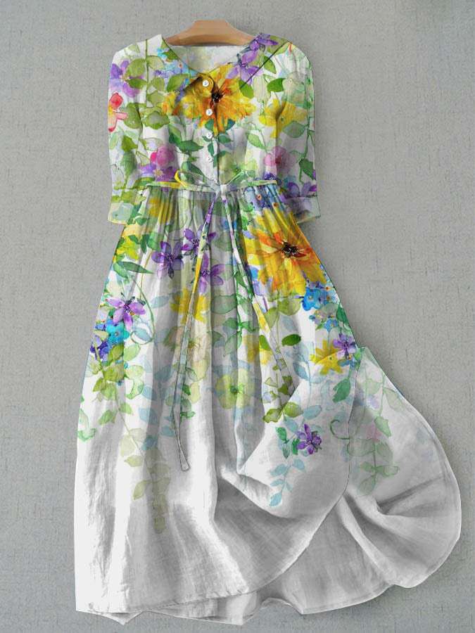 Vestido Retro con Escote Redondo y Cinturón con Cordones