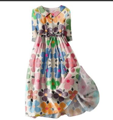 Vestido Retro con Escote Redondo y Cinturón con Cordones