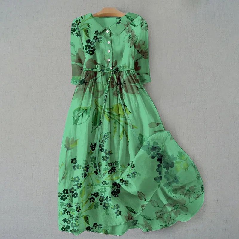 Vestido Retro con Escote Redondo y Cinturón con Cordones