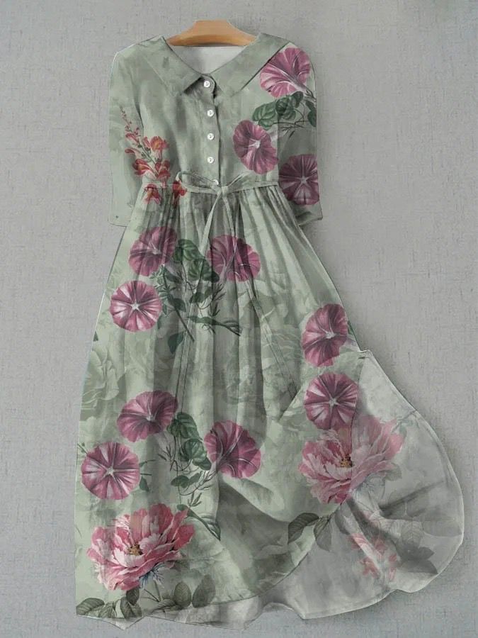 Vestido Retro con Escote Redondo y Cinturón con Cordones